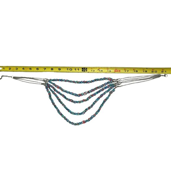 Beaded Layered Necklace Boho 5 Braided Multicolor Strands Beads Blue Silver Tone - Picture 8 of 8